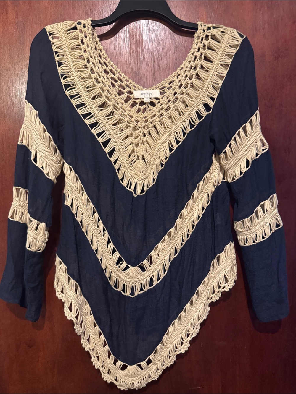 BOHO - Umgee Navy Tunic with Cream Crochet V-Detail